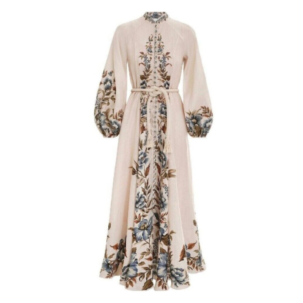 Zimmermann Aliane Midi Dress Linen Sz 10 3 Blue Brown Beige $780